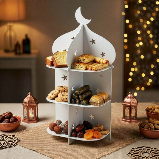 Ramazan Metal Sunum Standı – 3 Katlı Minare Tasarım İftariyelik Tabağı