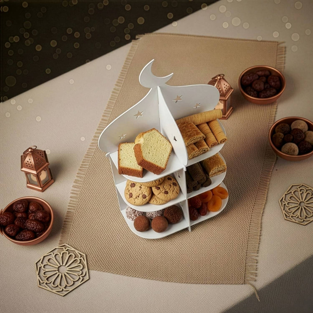 Ramazan Metal Sunum Standı – 3 Katlı Minare Tasarım İftariyelik Tabağı