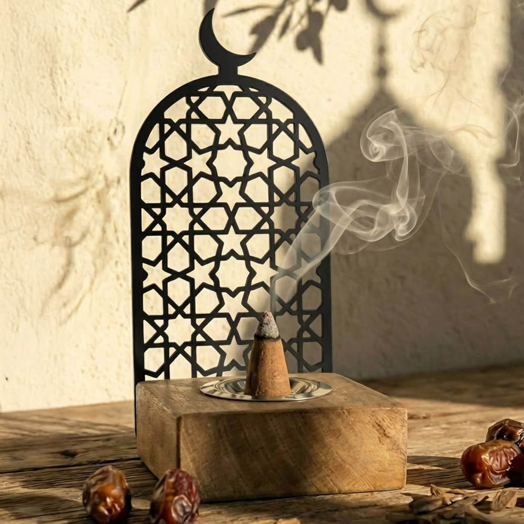 yildiz desenli mihrap form ahsap standli siyah metal tutsuluk islamicwallarttr