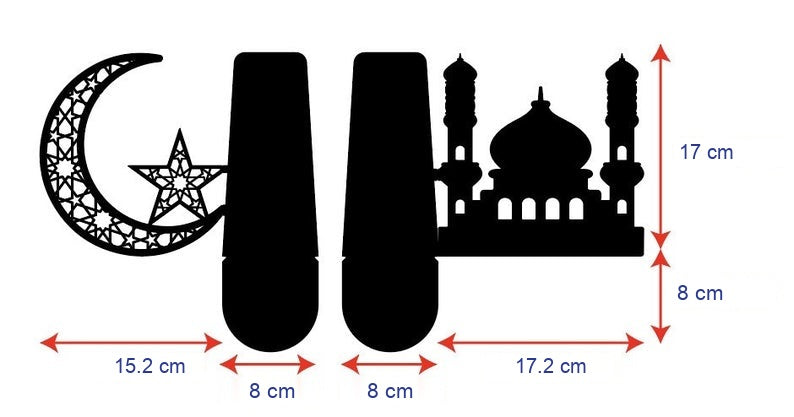 Kitap tutucu ölçüleri: hilal 15,2 cm, cami 17,2 cm genişlik ve 17 cm yükseklik, tutucu tabanlar 8 cm